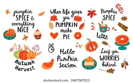 Conjunto de otoño con la especia de la calabaza escrito a mano frases y Elementos de otoño. Letras, pastel, magdalena, tarta, canela, anís, dientes, fruta, ramita, hojas. Diseños de Vector para tarjeta, Anuncio. Ilustración de alimentos en blanco.