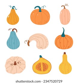 Autumn set with pumpkin of various shapes