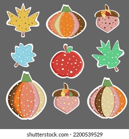 Conjunto otoñal de calabazas, manzanas, bellotas y hojas de puntos de polka. Decoración festiva, halloween, día de acción de gracias, diseño, tarjetas