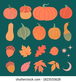 Autumn set - pumpkins, fallen leaves, acorns, stars and crescent Moon