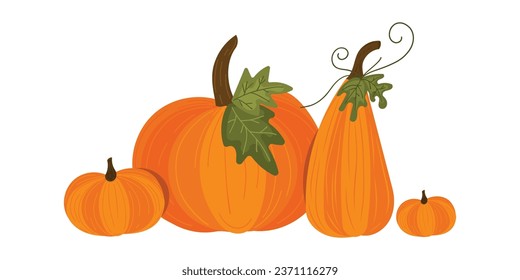 Autumn set of pumpkins. Flat style. Orange pumpkins with green leaves. Harvesting. For postcards, invitations, labels.