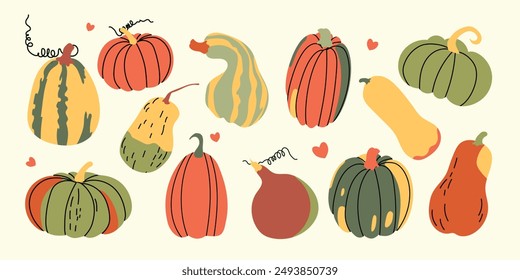 Autumn set of pumpkins. Set of hand drawn cute and cozy design elements. Autumn, Thanksgiving, pumpkin season.