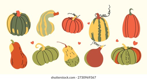 Otoño conjunto de calabazas conjunto de mano dibujado lindo y acogedor 