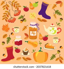 Autumn set, pumpkins, leaves, acorns, foliage, tea, teapot cups, honey, jam, cupcake and pumpkin pie with vegetables, as well as rubber boots and ashberry