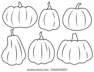 Conjunto de calabazas de otoño sobre fondo aislado. Ilustración de contorno de calabaza para colorear. Perfecto para el día de acción de gracias, cosecha, temporada de otoño