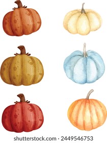 Autumn set of pumpkins. Watercolor Hand painted pumpkin for Halloween and Fall on white background. Vector illustration, watercolor painting, hand drawing