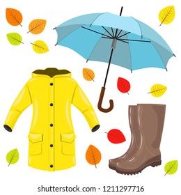 Autumn set: raincoat, boots, umbrella and colorful leaves. Vector illustration.