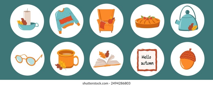 Conjunto de otoño de pegatinas o insignias redondas con taza, sillón, suéter, tejido, bellota, vasos, hervidor, libro, hojas, vela, pastel, marco hola otoño en Vector en un estilo simple.