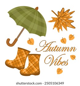 Autumn set of rubber boots, open umbrella and a maple leaf with a cozy checkered pattern vector illustration. Autumn vibes poster, decorative elements.