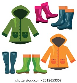 Conjunto otoño de botas de goma y chubasqueros en Vector.