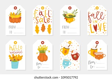 Autumn set of sale and gift tags, labels with cute illustrations, fun elements, hand drawn lettering. Fall collection with cozy elements, cups, pumpkins, leaves, animals and much more.