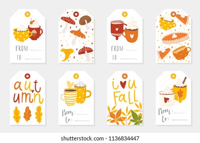 Autumn set of sale and gift tags, labels with cute illustrations, fun elements, hand drawn lettering. Fall collection with cozy elements, cups, pumpkins, leaves, animals and much more.