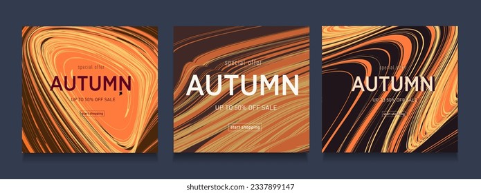 Autumn Set Sale of Pychedelic Pattern Illustration in Retro Style Art 60s, 70s with Orange, Yellow, Brown Colors. Stripe Liquid for Banner, Cover, Poster, Page. 3d Vector Spiral Twirl Ripple.