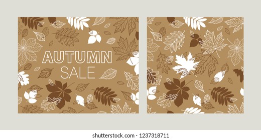 Autumn set of seamless pattern and card. Fall of the leaves. Promotional poster with hand drawn leaves. Vector.
