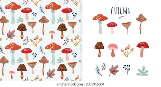 Autumn set with seamless pattern  and a collection with seasonal elements, different mushrooms and plants