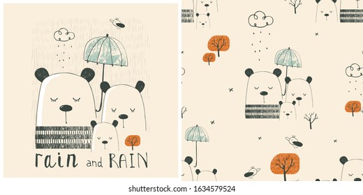 Autumn  set seamless pattern with print. forest  animals. Bears, family.Hand drawn vector illustration