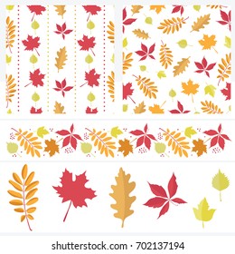 Autumn set of seamless patterns, border and leaves. Simple vector illustration.