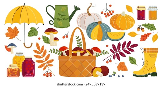 an autumn set of seasonal objects, plants and things isolated on a white background. seasonal lifestyle in autumn subjects. stock vector illustration. EPS 10.