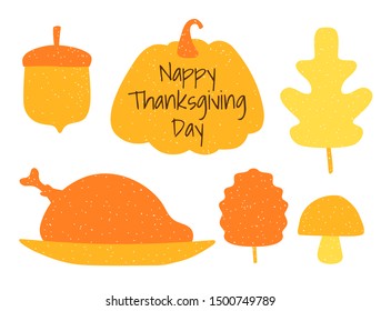 Autumn set of silhouette elements: leaves, pumpkin, turkey, acorn and inscription Happy Thanksgiving Day. Thanksgiving banner in flat style and stamp. Orange autumn stickers. Vector illustration.