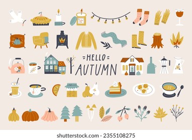 Autumn set in simple hand drawn style. Hello Autumn lettering. Vector illustration