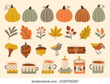 Autumn set in simple hand drawn style. Pumpkins, plants, bird, cups, candles. Vector illustration