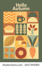 Conjunto de carteles sencillos de otoño en estilo Bauhaus. Conjunto de volantes de otoño con mosaico escandinavo. Anuncios con Elementos de otoño en estilo Bauhaus. Diseño de cartel de otoño. Ilustración vectorial.