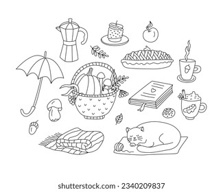 Autumn set with sleeping cat, wicker basket with mushrooms, vegetables and berries. Fall picnic with coffee mugs, books and blanket. Hand drawn doodle illustration, black outline.