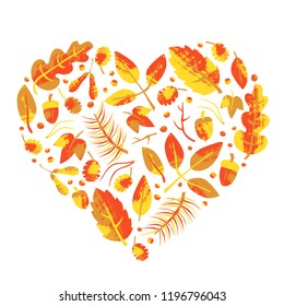 Autumn set with stamp textured leaves in heart shape. Hand drawn colorful vector illustration. Forest background in scandinavian style.