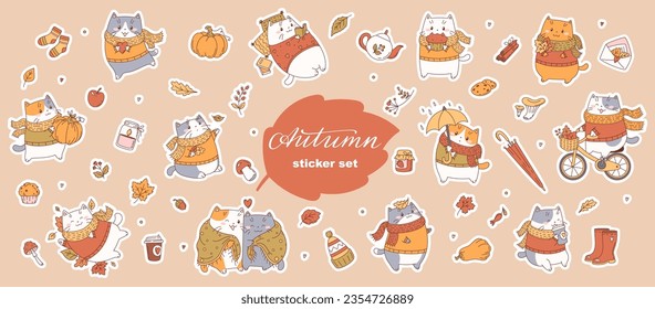 Autumn set of stickers with cute cartoon cats and autumn elements.