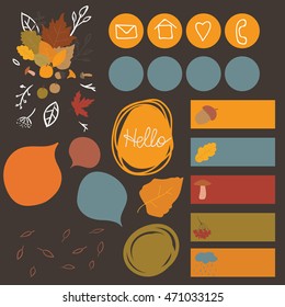 Autumn set of stickers for design website, blog, magazine on black background. collection  for scrapbook