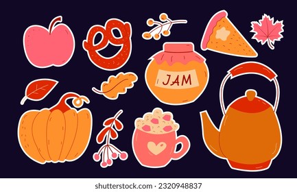 Autumn set of stickers, hand drawn elements- apple, jam, teapot, berries, marshmellow, pie, pumpkin. Use for web, card, poster, cover tag invitation sticker kit Vector illustration