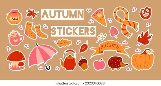 Autumn set of stickers, hand drawn elements- apple, jam, teapot, berries, marshmallow, pie pumpkin Vector illustration