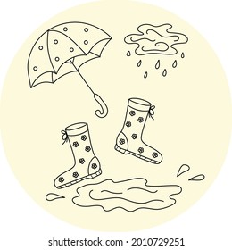 Autumn set in the style of doodle. Rain, puddles, rubber boots and an umbrella. Vector illustration. Isolated background.