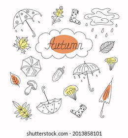 Autumn set in the style of doodle. Text. Umbrellas, leaves, acorns, forest mushrooms, waterproof boots. Rainy season. Vector illustration with isolated background.