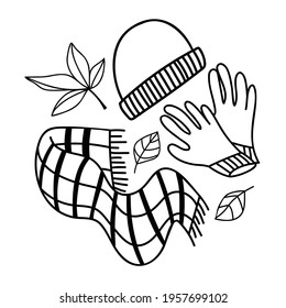 Autumn set in the style of doodles. Vector seasonal cute clipart. Hand-drawn illustrations for greeting cards, banners, and T-shirt designs. Elements of warming clothing. All elements are isolated.