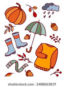 Autumn set sweater, scarf, boot, pumpkin etc. Vector illustration on white background. Doodle style