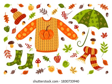 Autumn set: sweater, umbrella, hat, scarf, rubber boots, apples, mushrooms, berries, acorns, yellowing leaves. Demi-season clothing. Hygge. Flat design with ornate pattern. Isolated vector.