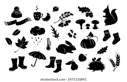 Autumn. Set of autumn symbols and signs. Autumn design elements. Isolated black silhouette on white background. Vector illustration