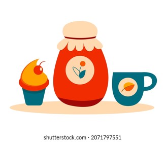 Autumn set of tea, jam and cupcake. Vector illustration isolated on white background.