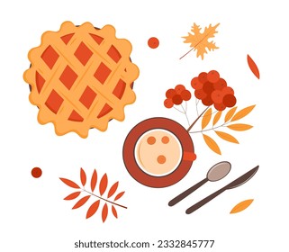 Autumn set of tea, pie, berries, leaves. Thanksgiving Day.  Vector illustration.