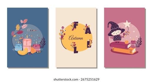 Conjunto de outono de modelos para cartões postais, capas e muito mais com um personagem engraçado, livros, velas, plantas de outono e infográficos. Design vetorial.