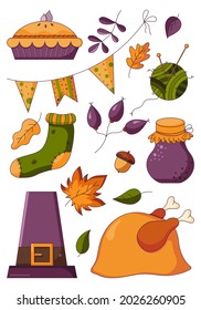 Autumn set for a thanksgiving day with traditional holiday attributes in a flat style isolated on a white background. Vector illustration