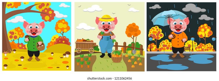Autumn set of three pigs, symbol of 2019. Rainy day, harvest, mushroom picking. Vector illustration on the theme of autumn.