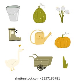 Autumn set it's time to harvest with cart, pumpkin, bucket, rubber boot, white goose, flower, watering can. Vector illustration scandinavian style for sticker, print, poster, card, postcard