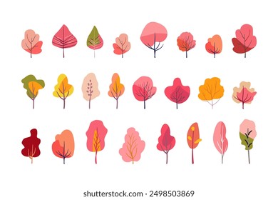 Autumn set trees folk. Pink and red plants. Orange and yellow tree crowns on a white background. Hand drawn. Isolated Flat vector