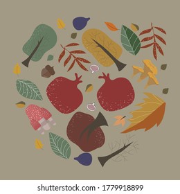 autumn set with trees, fruits and mushrooms