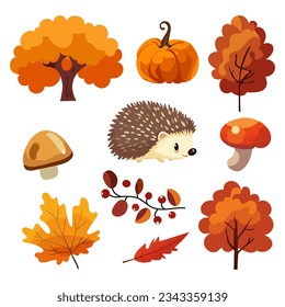 autumn set trees hedgehog, foliage, mushrooms, pumpkin vector illustration