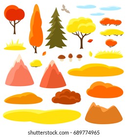 Autumn set of trees, mountains and hills. Seasonal collection.