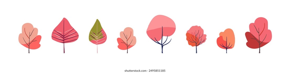 Autumn set of trees. Pink and red folk plants. Orange and yellow tree crowns on a white background. Hand drawn. Isolated Flat vector