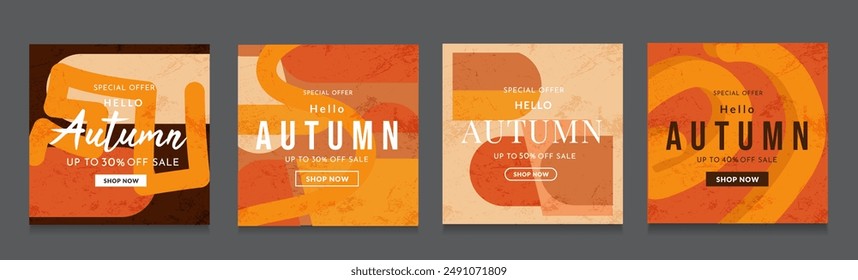 Autumn Set. Trendy Abstract Geometric Design in Retro Style from the 80s-90s. Background Patterns for Advertising, Web, Social Media, Posters, Banners, Covers. Sale Offer 30-50%. Vector Illustration.